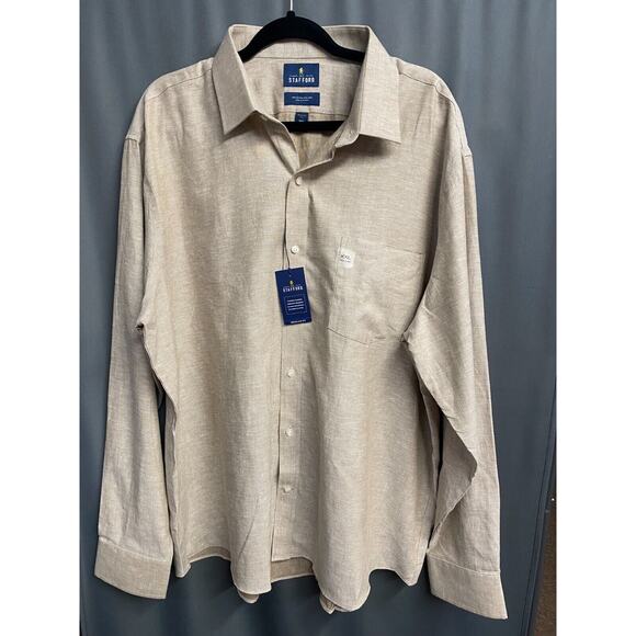 Stanford Button Up Shirt Mens XXL Beige Long Sleeve Collared Cotton Classic B61 - Picture 1 of 6